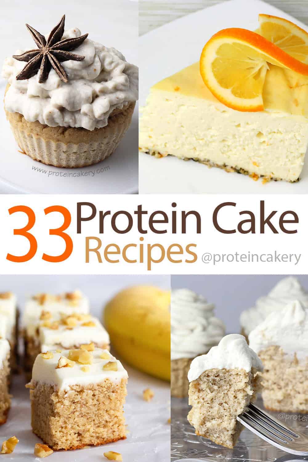 collage of protein cake images with text overlay.