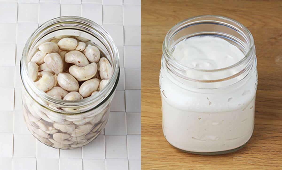 side by side image with two jars, on the left is a jar full of soaking raw cashews, on the right a jar of cashew whipped cream