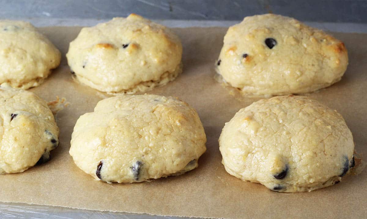 freshly baked puffy chocolate chip protein cookies