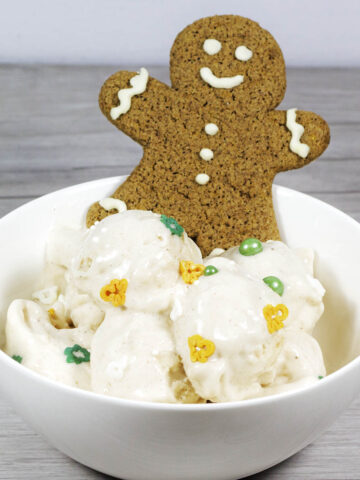 bowl of gingerbread spice protein ice cream in a white bowl with gingerbread sprinkles and a gingerbread man cookie on top