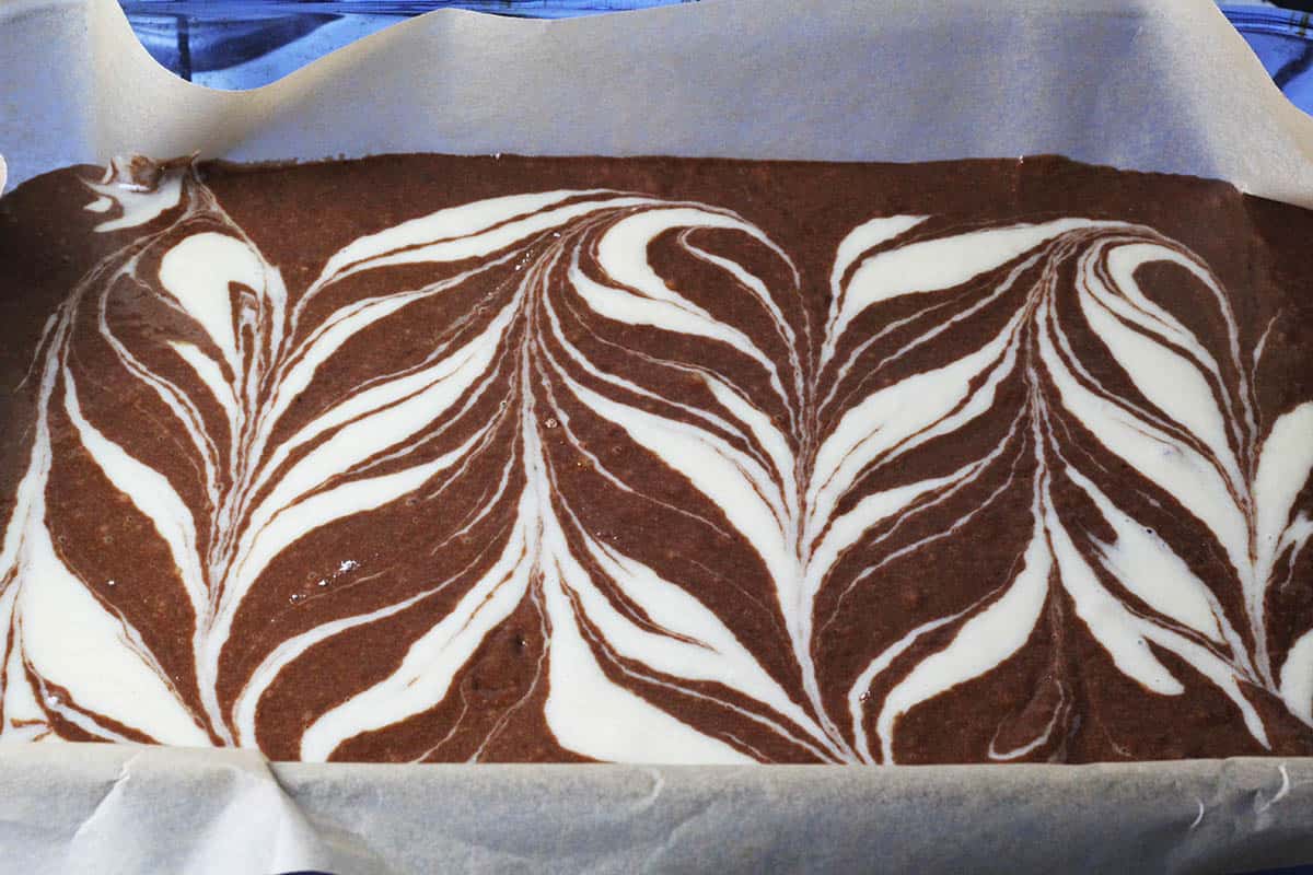 unbaked 9x13 dish of peppermint swirl protein brownies