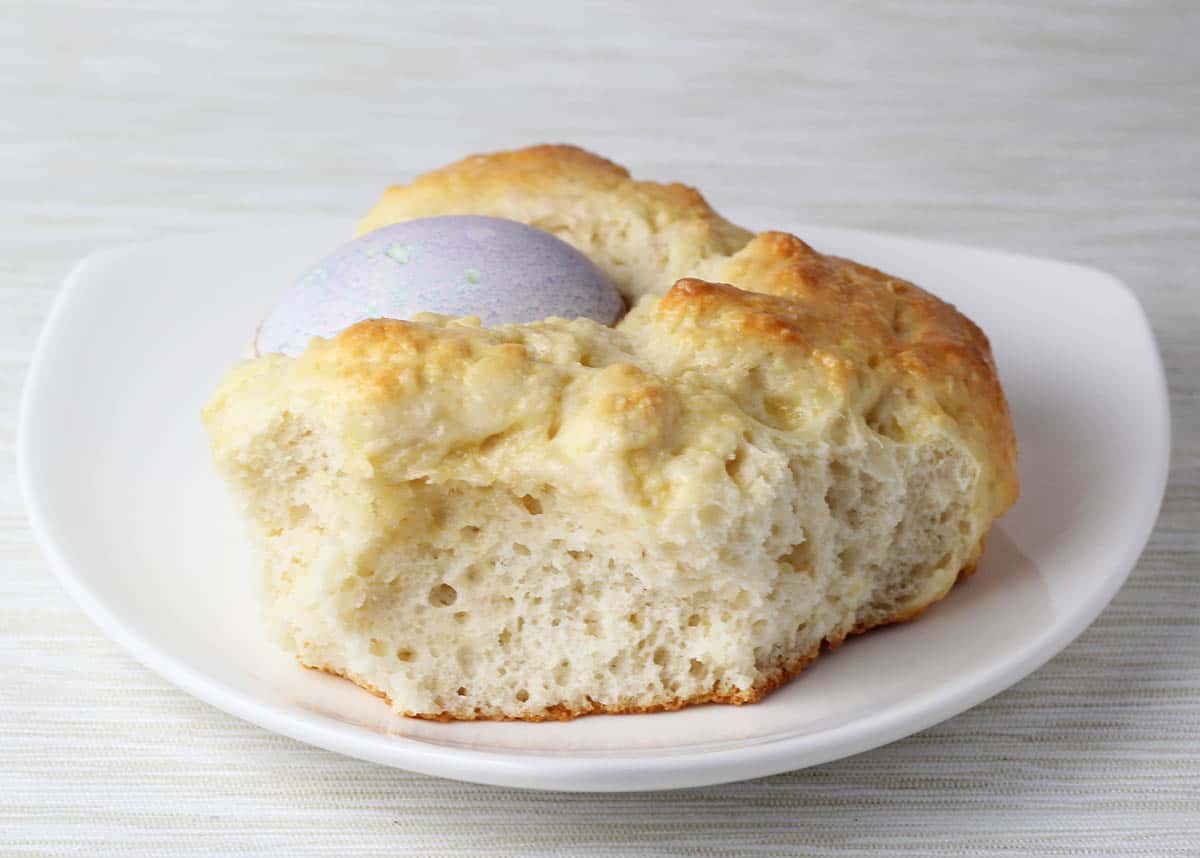 piece of protein bread with a purple easter egg baked into it