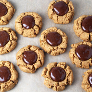 top view of chocolate filled peanut butter thumbprint cookies