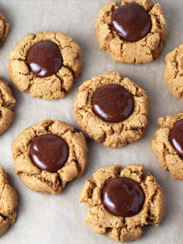 top view of chocolate filled peanut butter thumbprint cookies