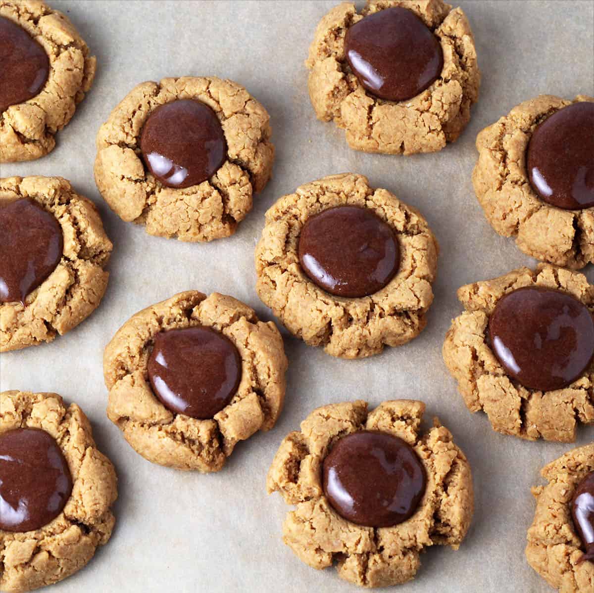 top view of chocolate filled peanut butter thumbprint cookies