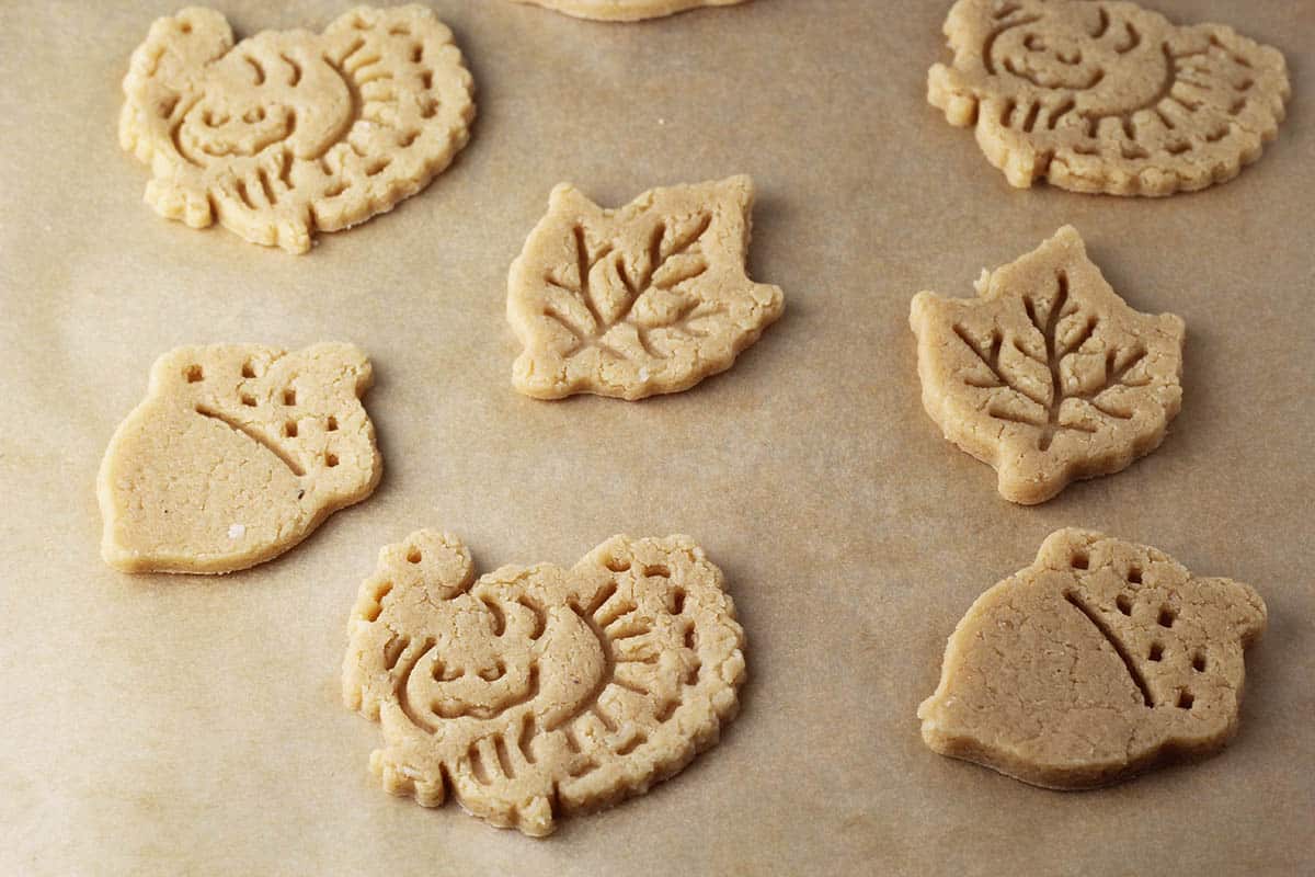 pie crust cookies in fall shapes (turkey, acorn, leaves)
