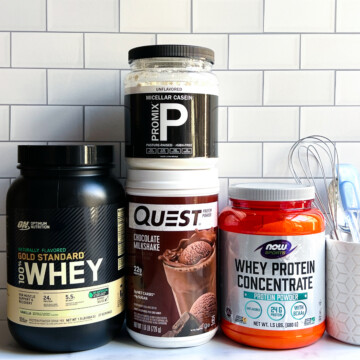 4 different types of protein powder next to baking utensils