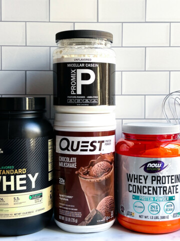 4 different types of protein powder next to baking utensils