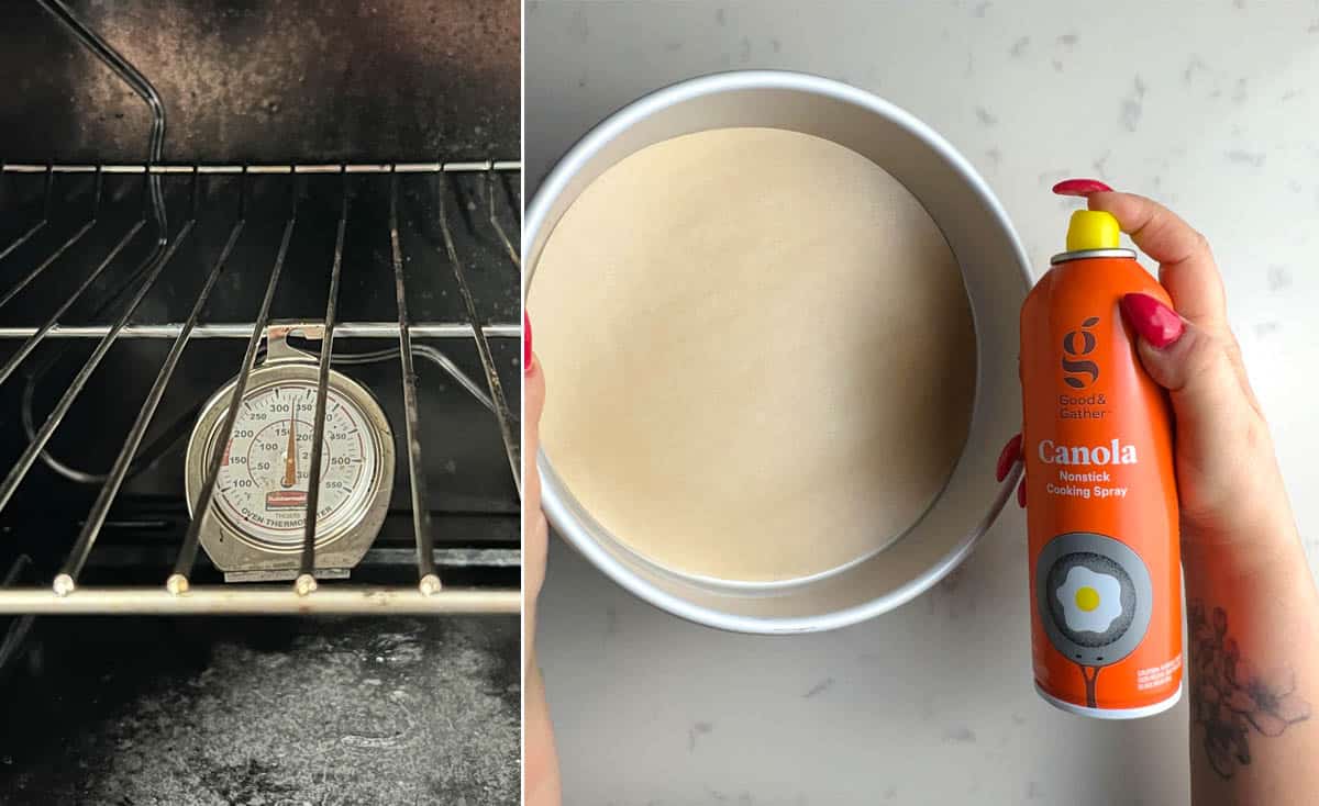 on the left, an oven thermometer in an oven, on the right a cake pan net to a bottle of cooking spray
