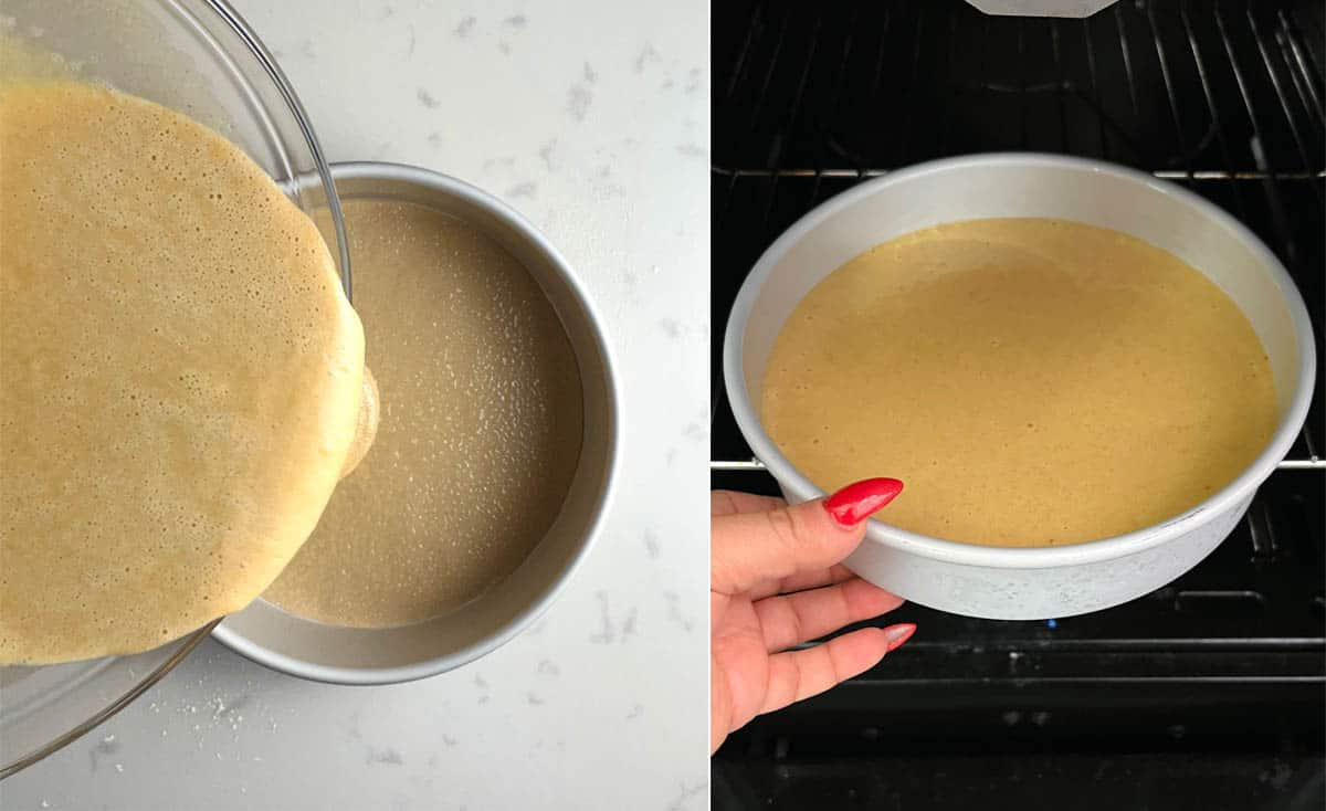 batter being poured into pan and pan going into oven