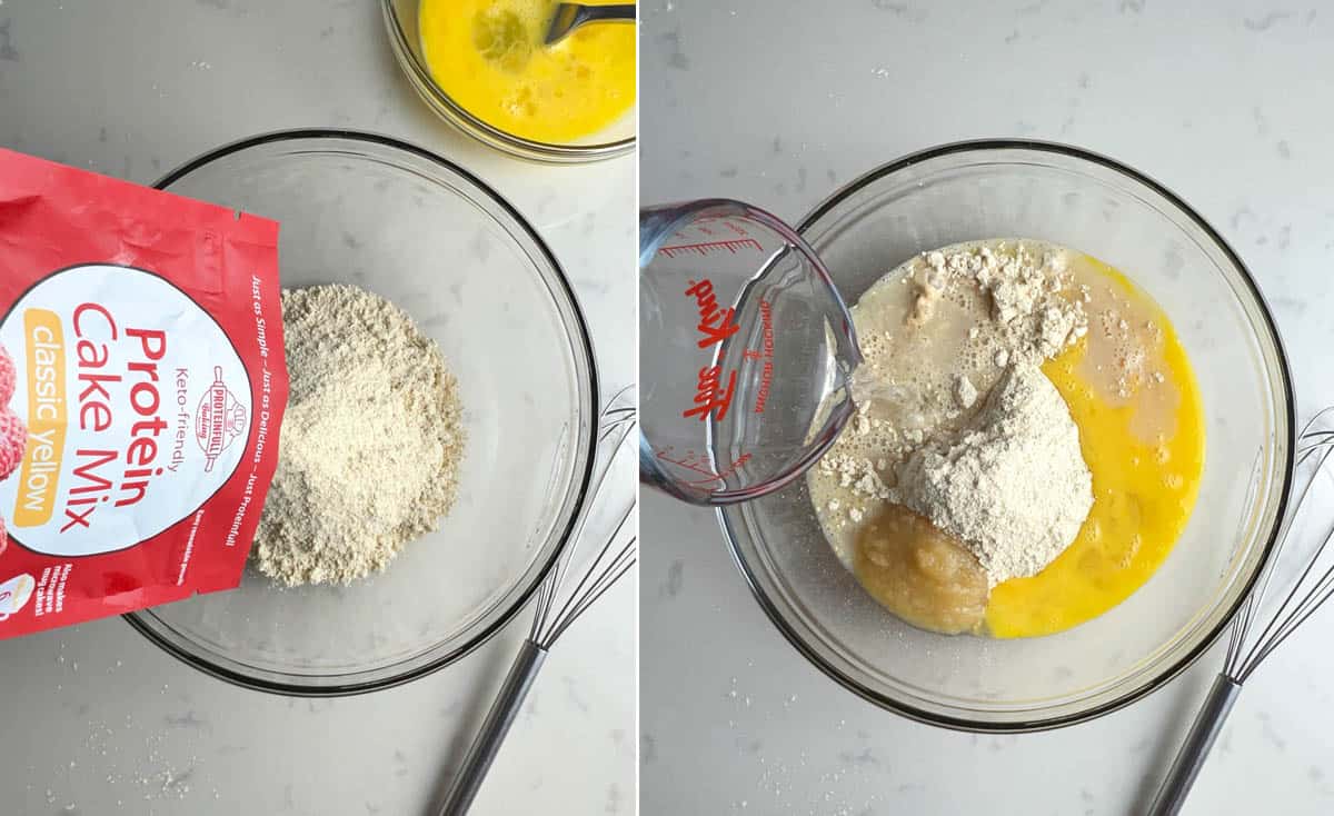 cake ingredients going into bowl