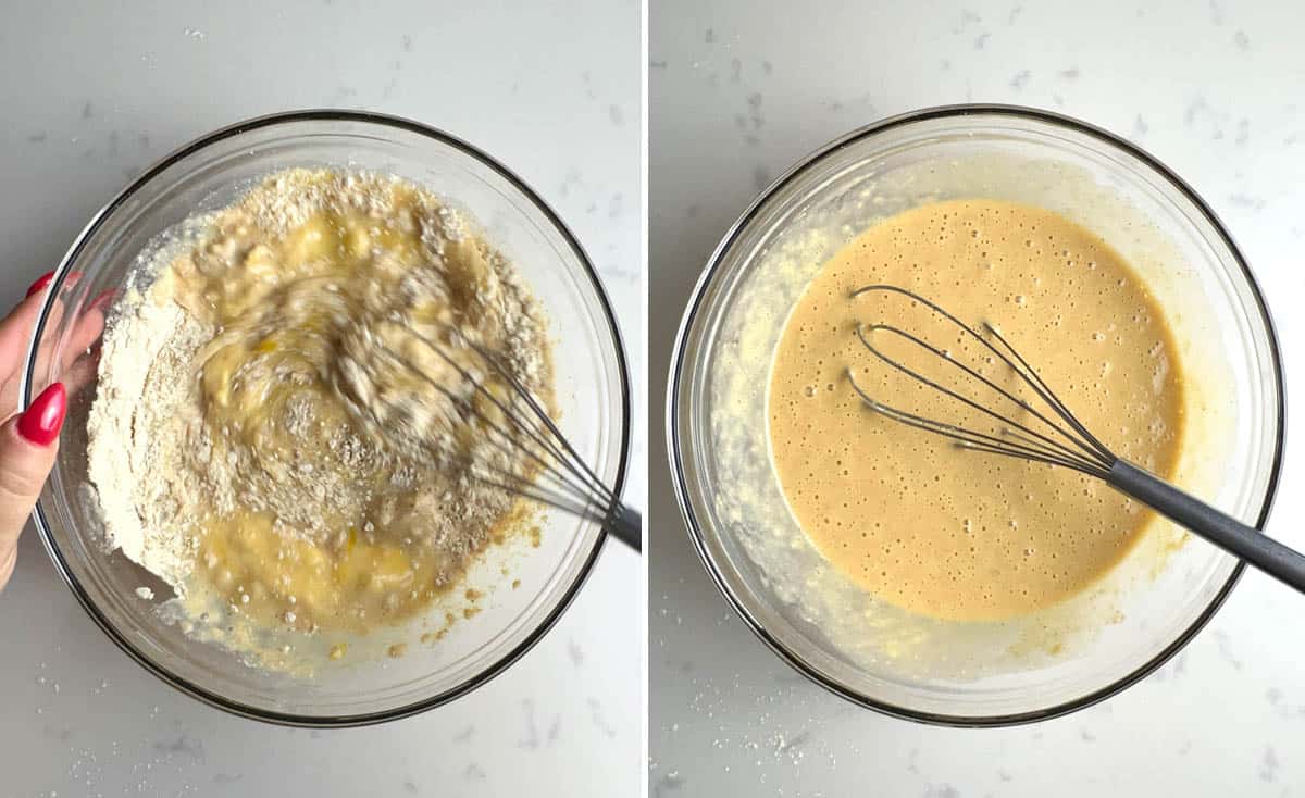 cake batter being mixed with a whisk