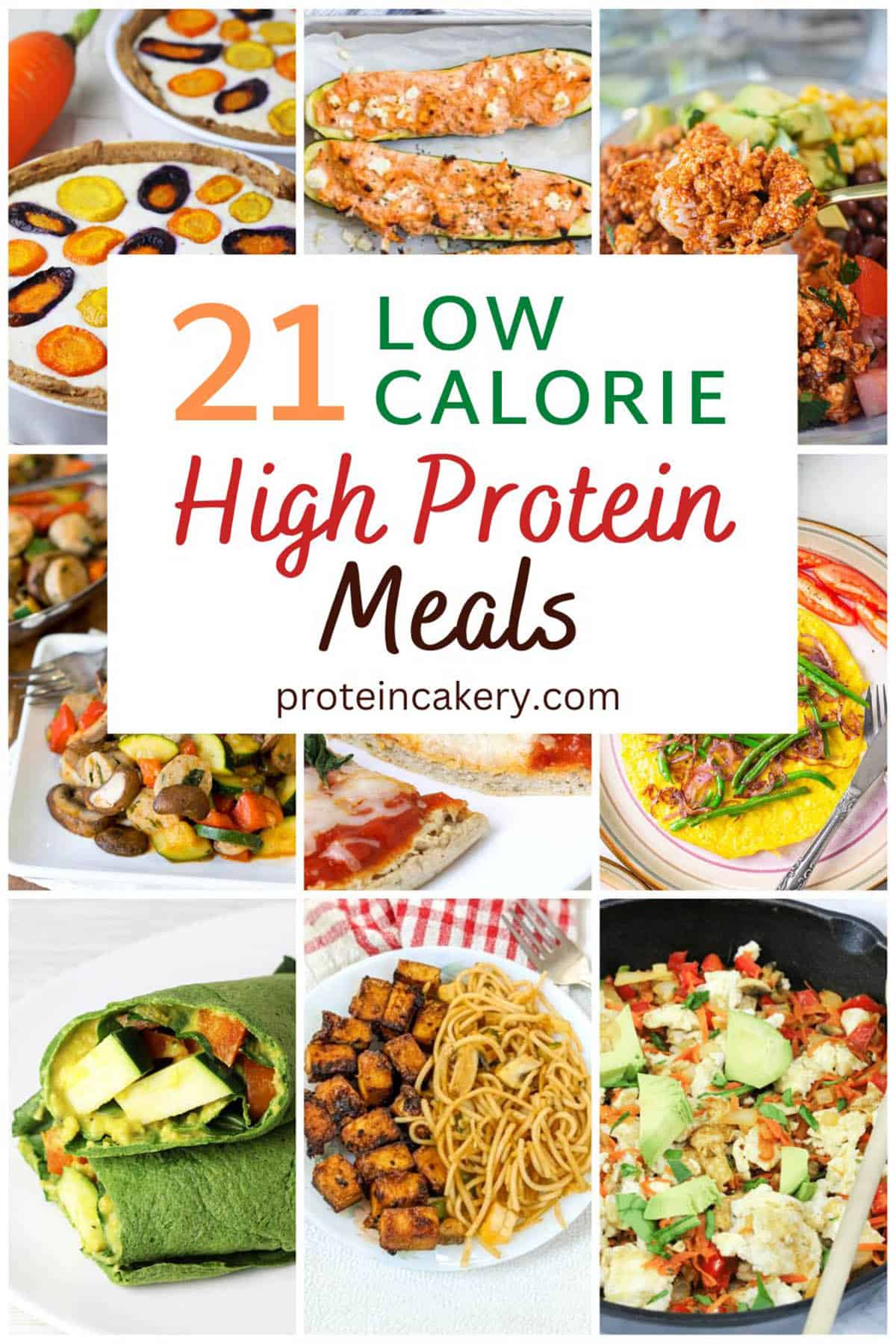 collage of low calorie high protein meals