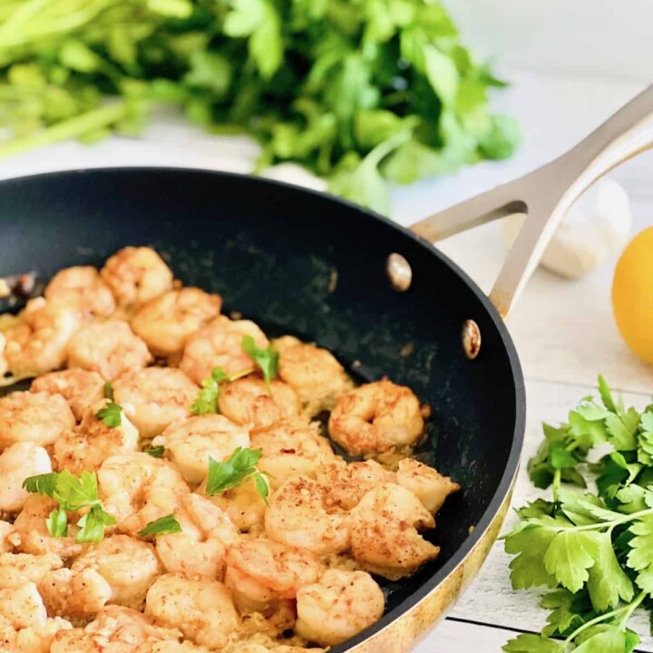 pan of shrimp with herbs