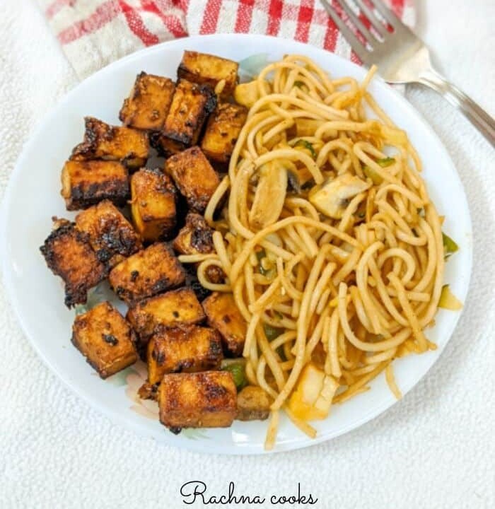 plate of crispy tofu with noodles