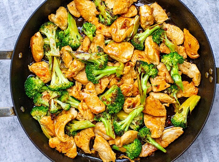 top view of a pan full of chicken and broccoli