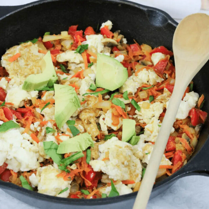 skillet with egg and vegetable scramble