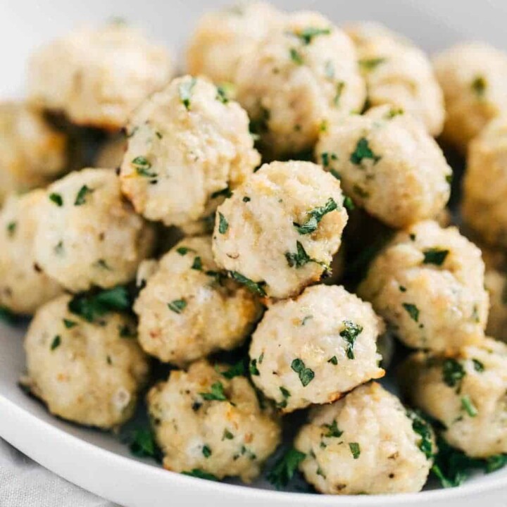 small turkey meatballs piled on a plate