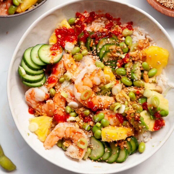 top view of shrimp poke bowl