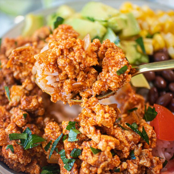 plate with sofritas, beans, and vegetables