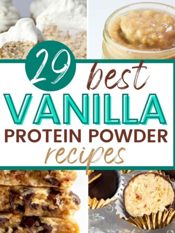 collage of photos of recipes made with vanilla protein powder.