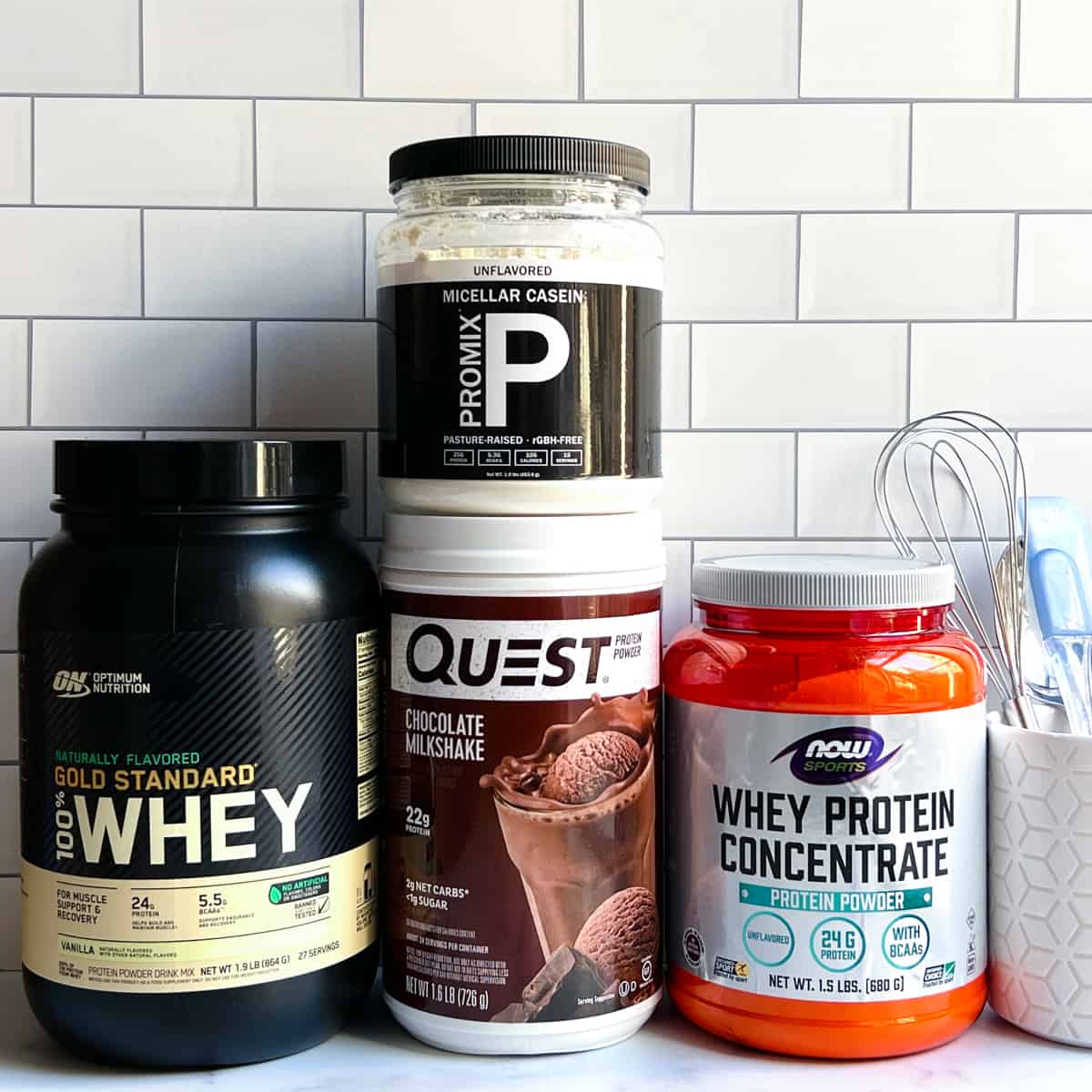 protein powder canisters.
