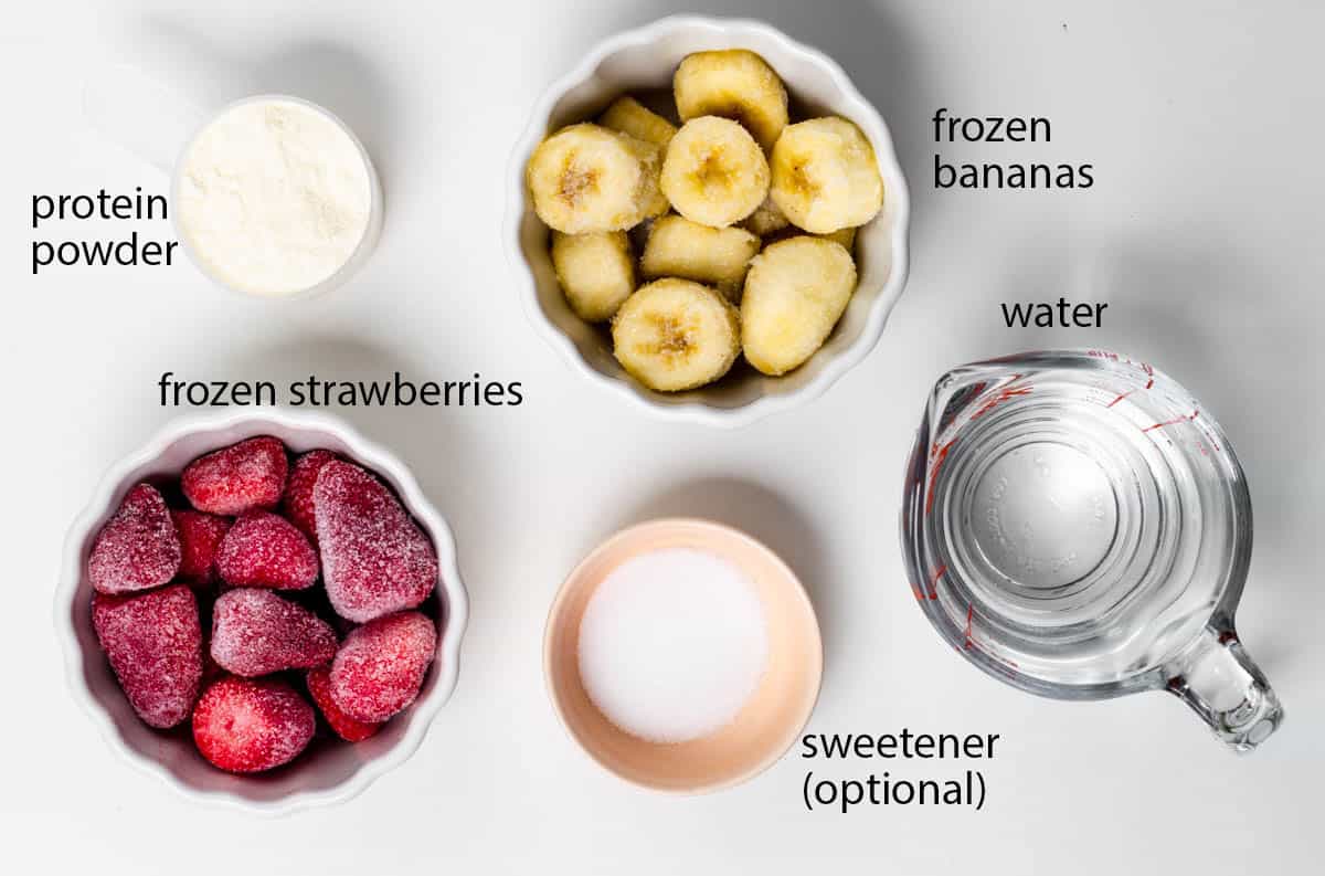 ingredients for a strawberry banana protein shake