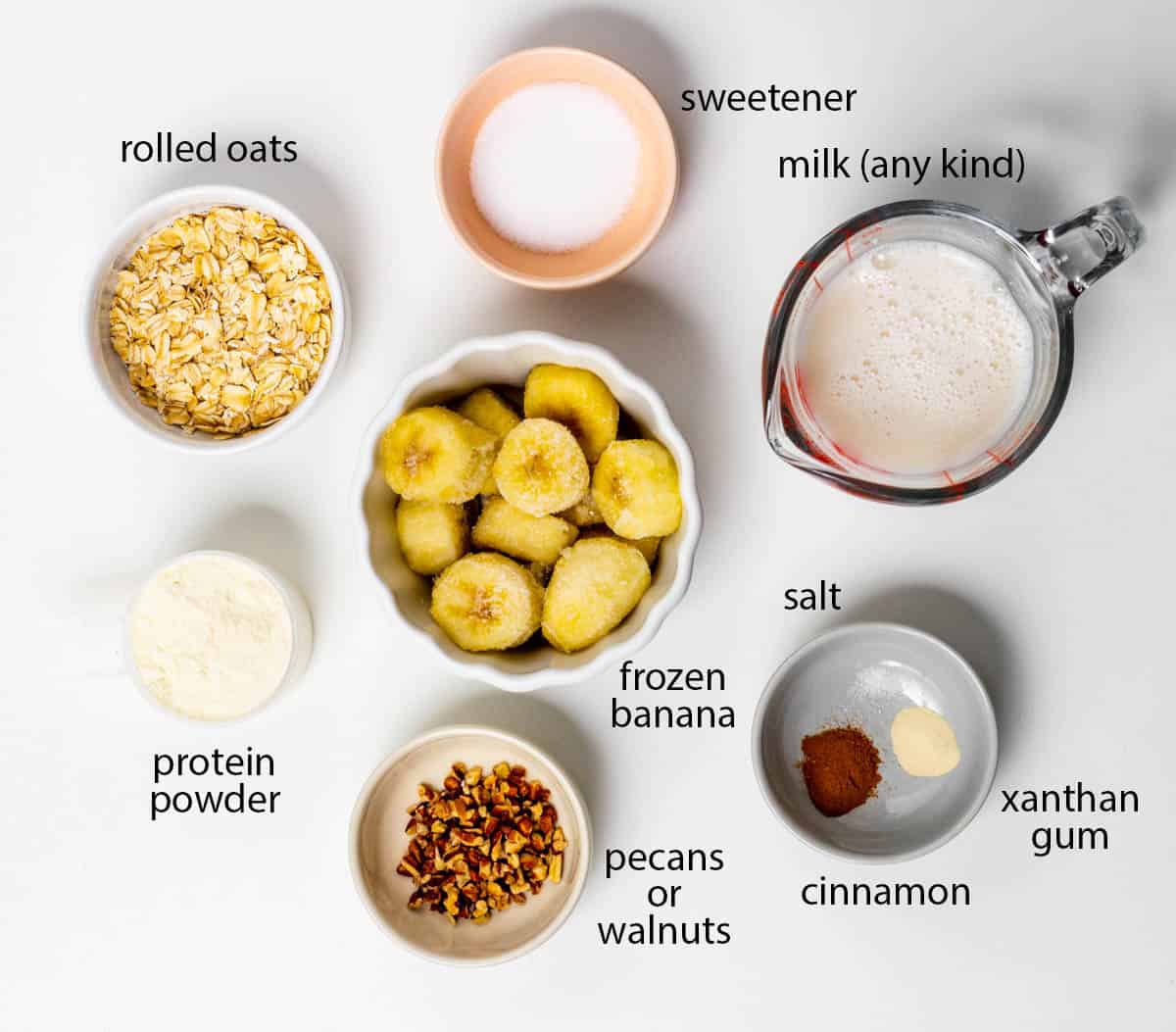 labeled photo of ingredients for this banana bread protein shake.