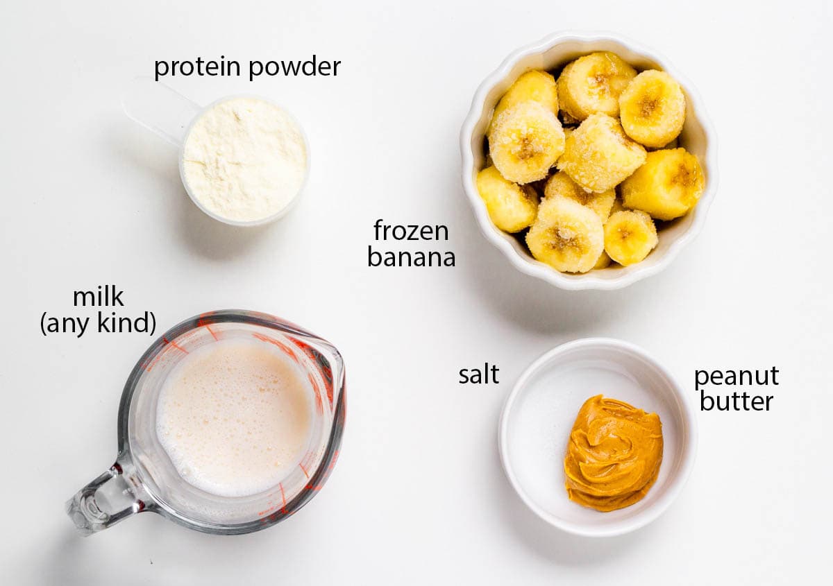 labeled photo of ingredients for this peanut butter banana protein shake.