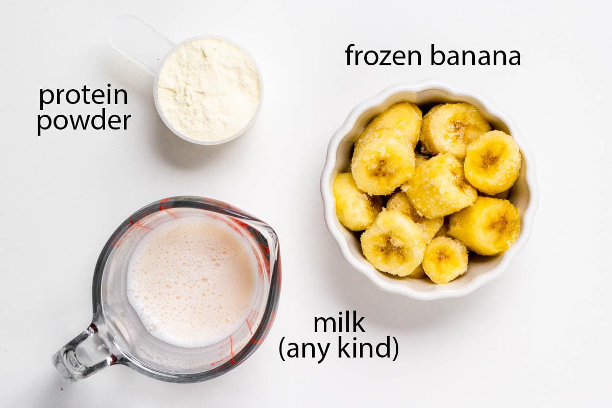 labeled photo of ingredients for this banana protein shake.