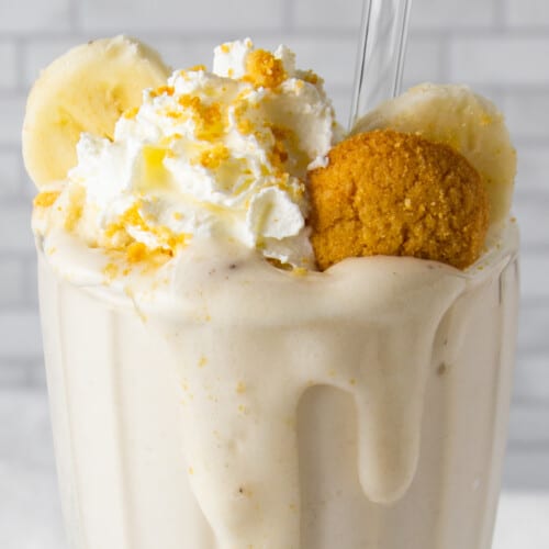 banana protein shake with toppings.