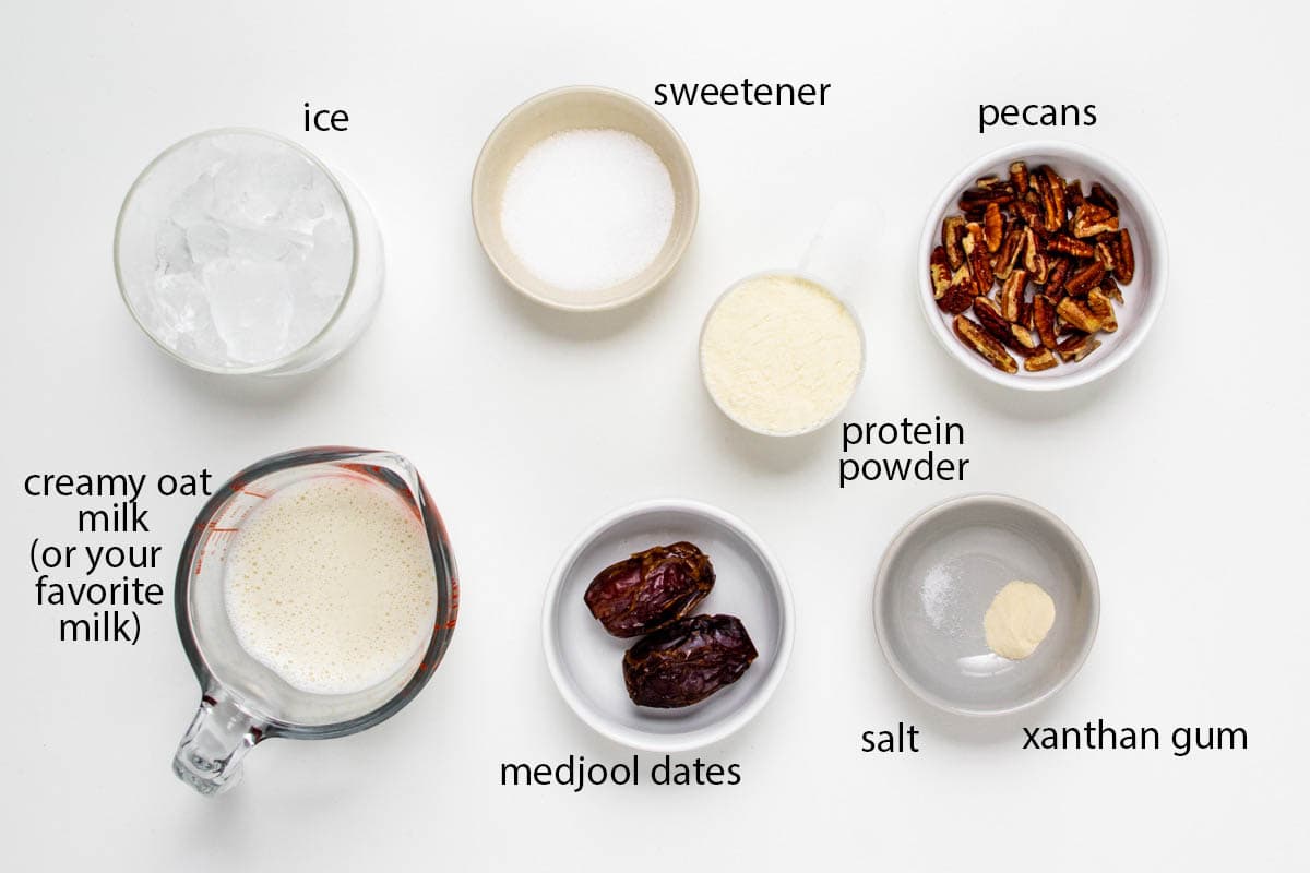 labeled photo of ingredients for this caramel pecan protein shake.