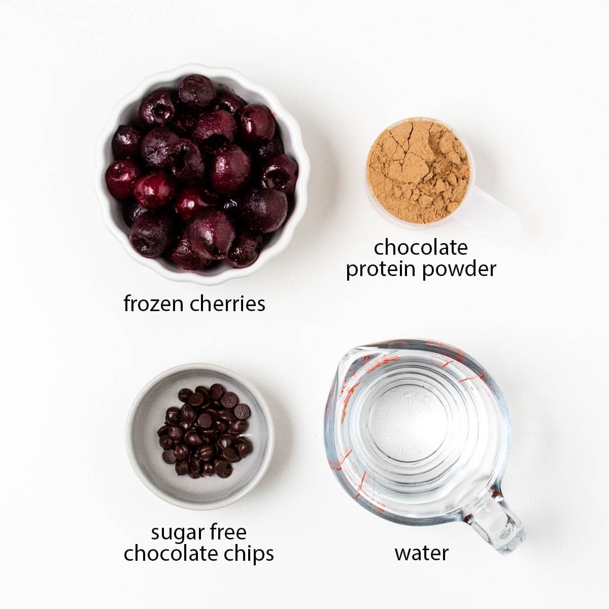 labeled photo of ingredients for this chocolate covered cherry protein shake.