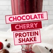 chocolate cherry protein shake with text overlay.