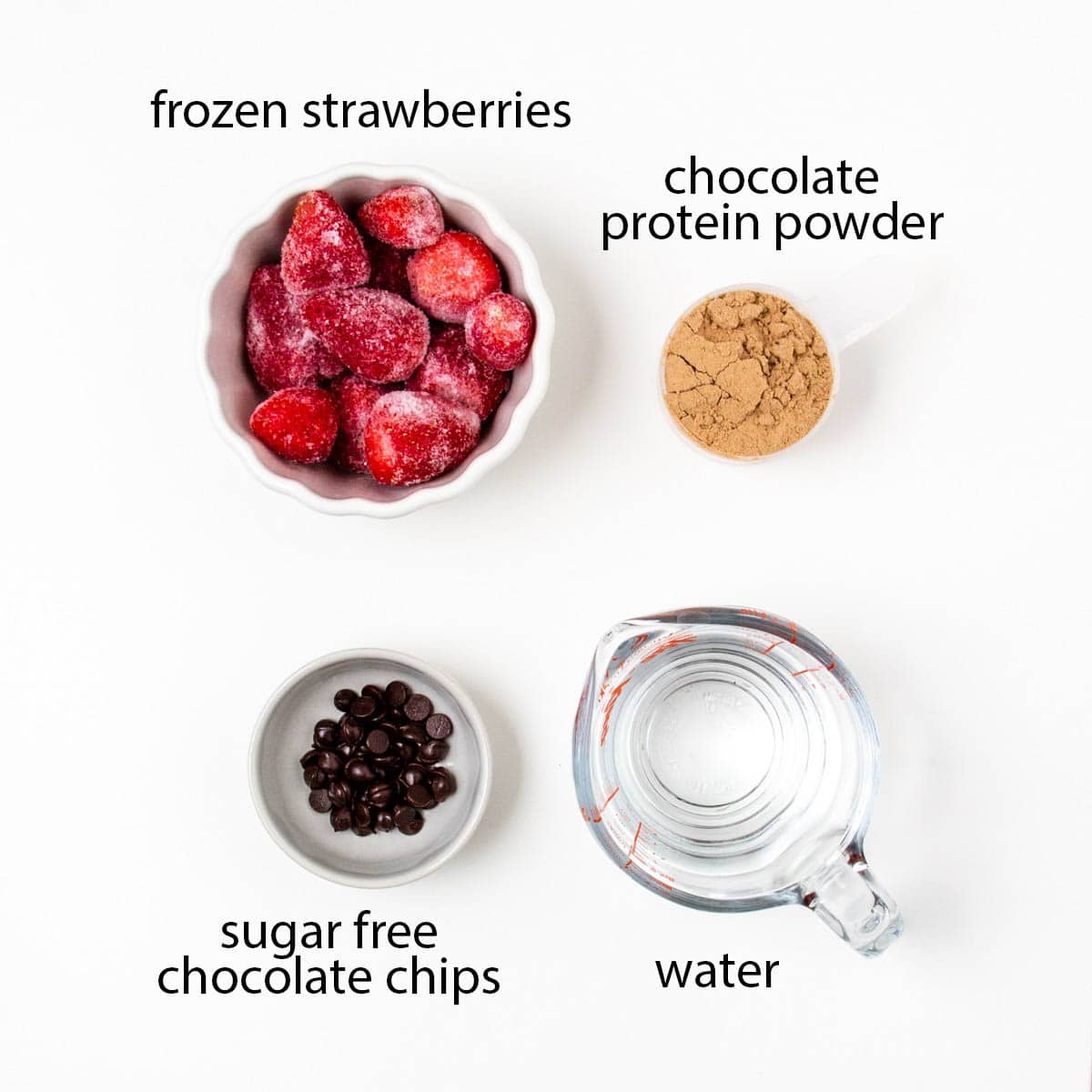 labeled photo of ingredients for this chocolate covered strawberry protein shake.