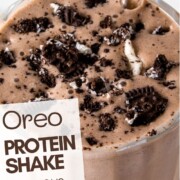 oreo protein shake with text overlay.