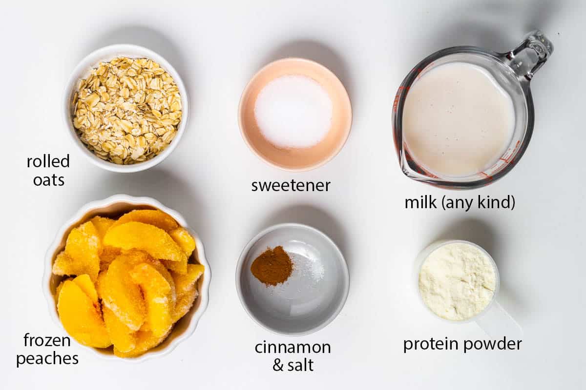 labeled photo of ingredients for this peach cobbler protein smoothie.