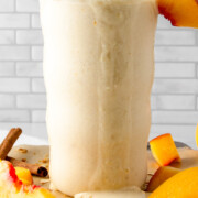 peach cobbler protein shake with hemp hearts.