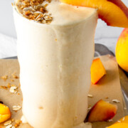 peach cobbler protein shake with hemp hearts.