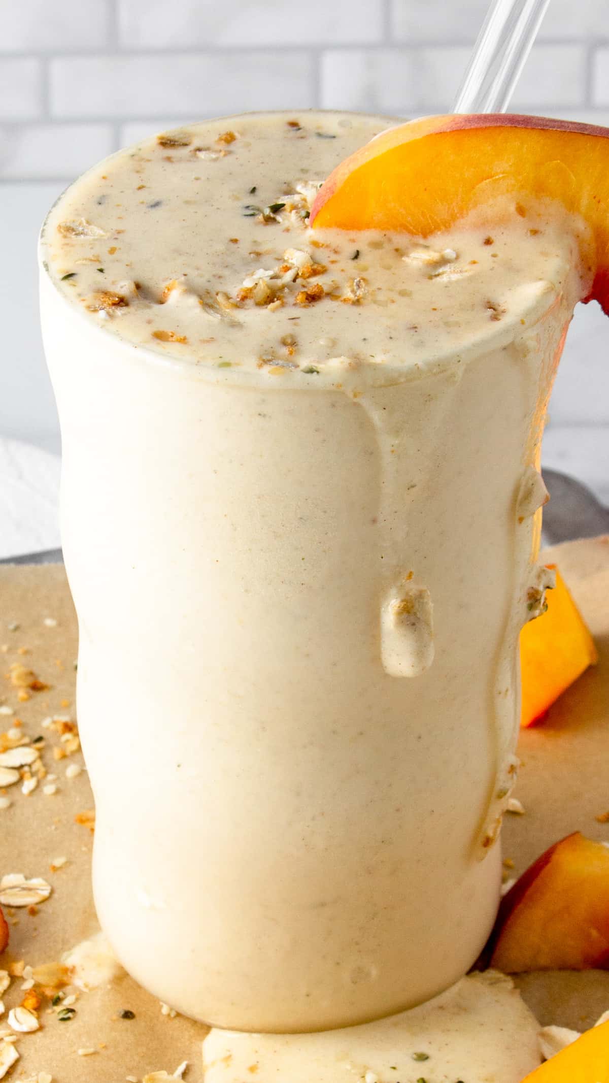 peach cobbler protein shake with hemp hearts.