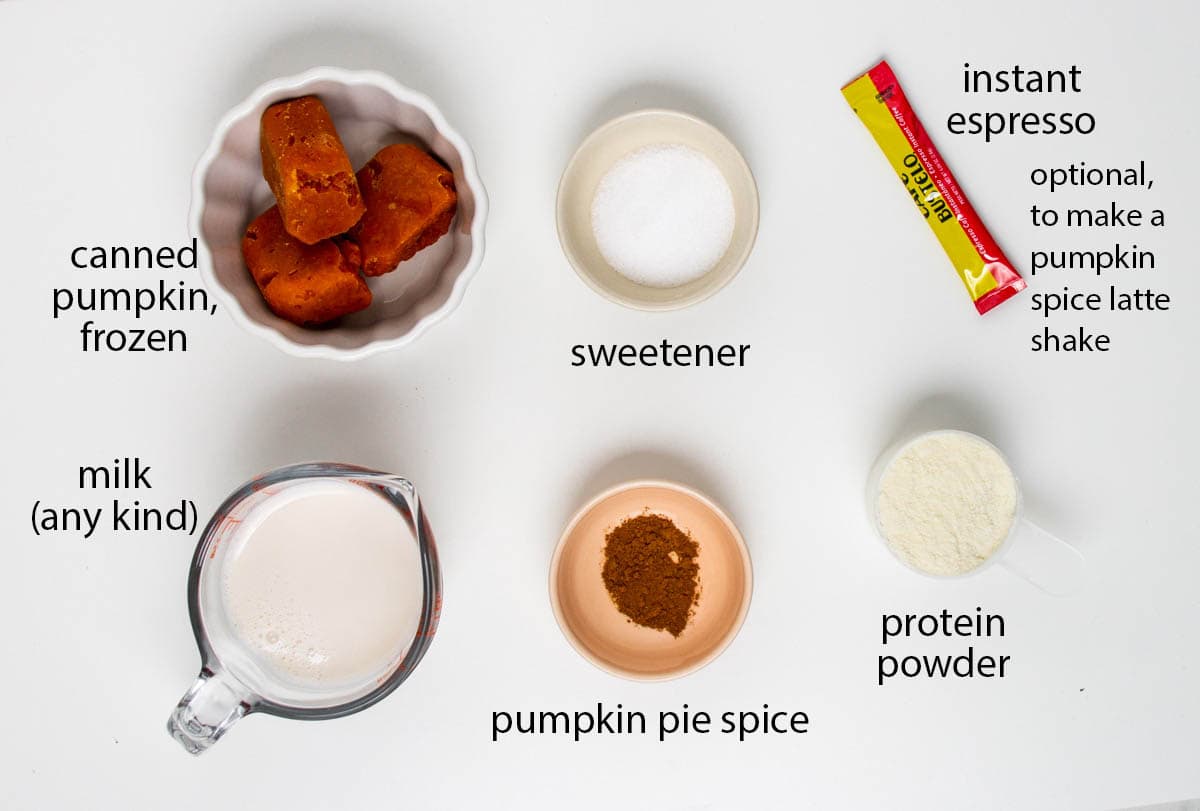 labeled photo of ingredients for this pumpkin protein shake.