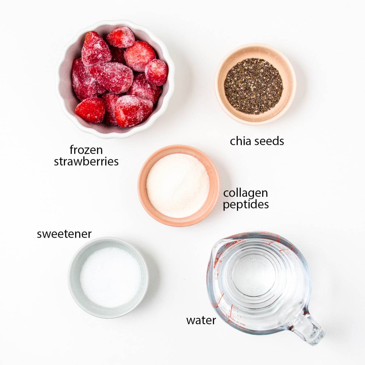 labeled photo of ingredients for this strawberry chia collagen smoothie.