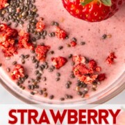 strawberry chia collagen smoothie with text overlay.
