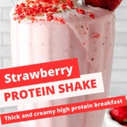 strawberry protein shake with text overlay.