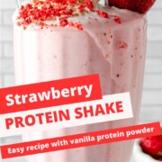 strawberry protein shake with text overlay.
