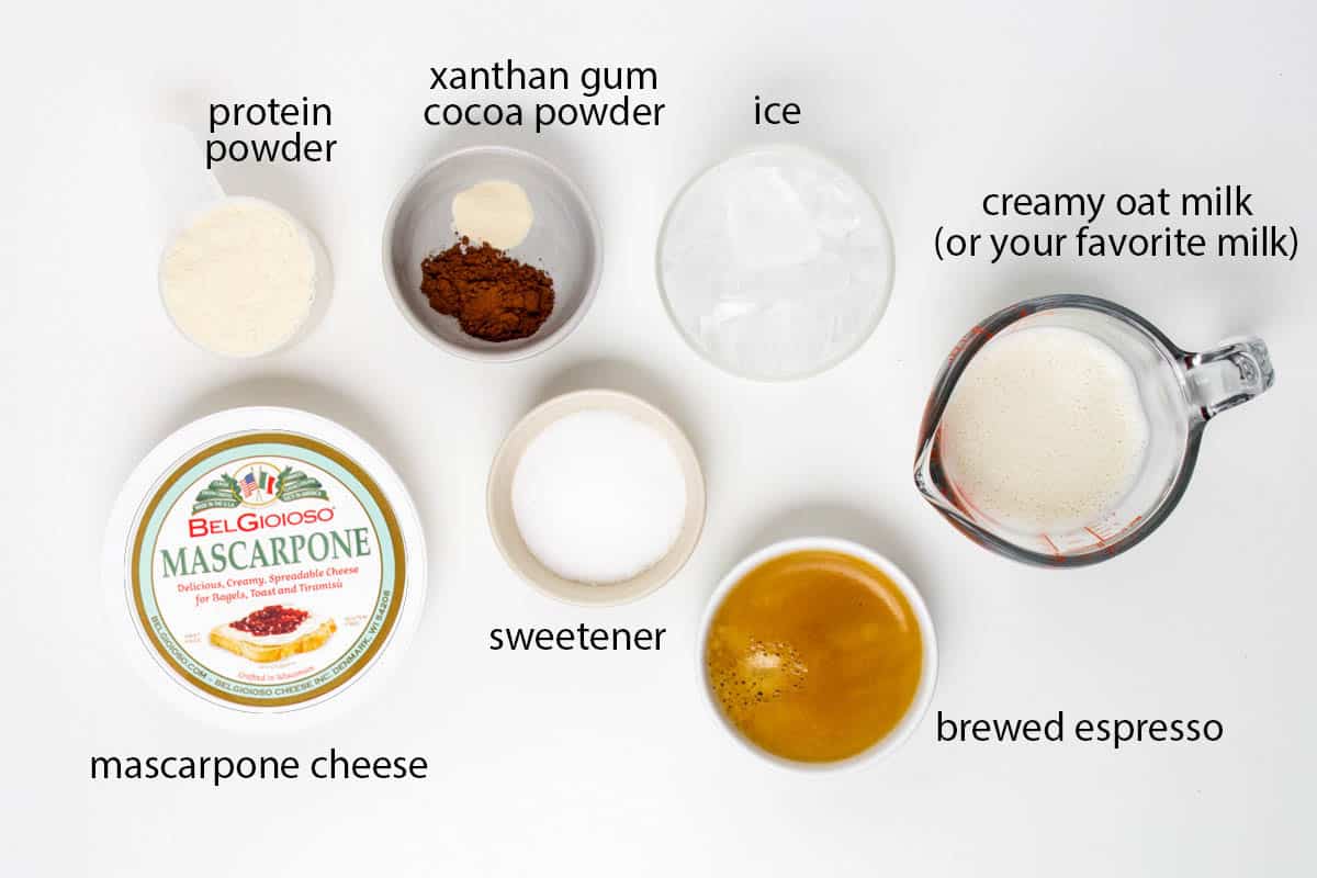 labeled photo of ingredients for this tiramisu protein shake.