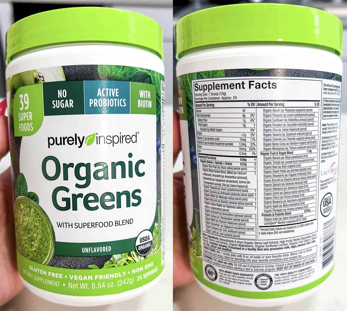 front and back of a canister or green drink powder.