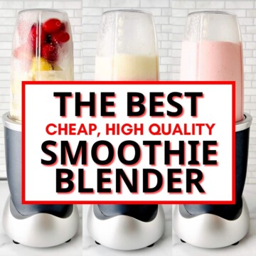 smoothie blender full of ingredients with text overlay.