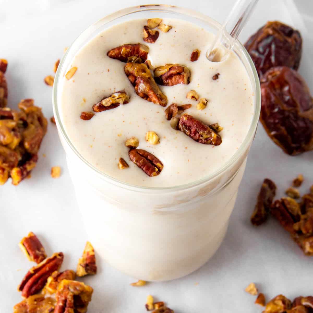 caramel pecan protein shake with dates.