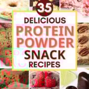 a collection of protein powder snacks with text overlay.